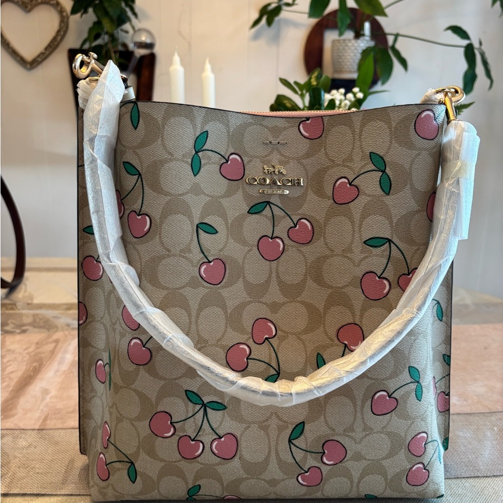 Coach Cherry Print Tan Shoulder Bag - Picture 13 of 16